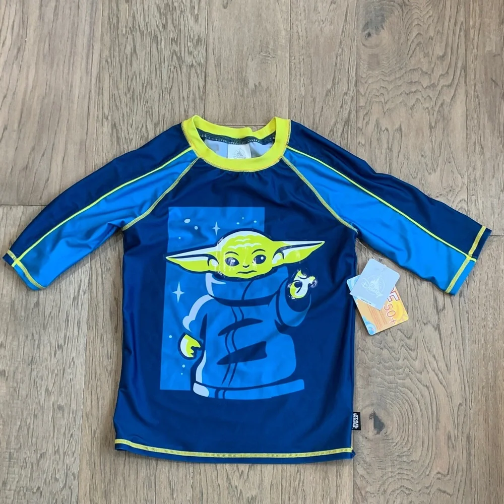 NWT Disney Kids Navy, Bright Blue & Neon Yellow Baby Yoda Swim Size 11/12